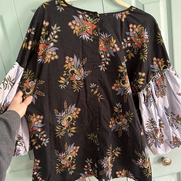 LOFT Womens Floral Puff Sleeve Blouse Large Button Back Cottagecore Black Blue - Picture 9 of 13